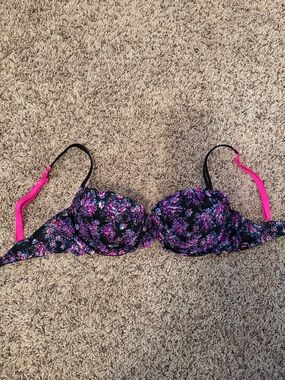 PINK Victoria's Secret Black Floral Bra with Pink Straps